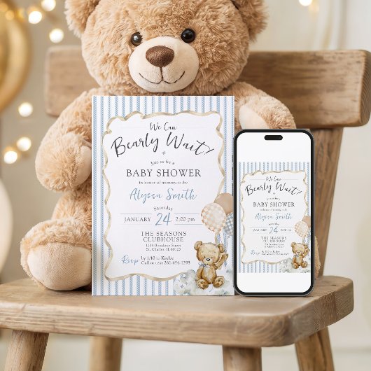 We Can Bearly Wait Teddy Bear Blue Baby Boy Shower 招待状