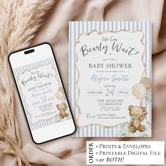 We Can Bearly Wait Teddy Bear Blue Baby Boy Shower 招待状