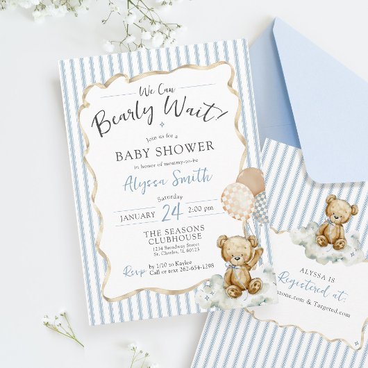 We Can Bearly Wait Teddy Bear Blue Baby Boy Shower 招待状