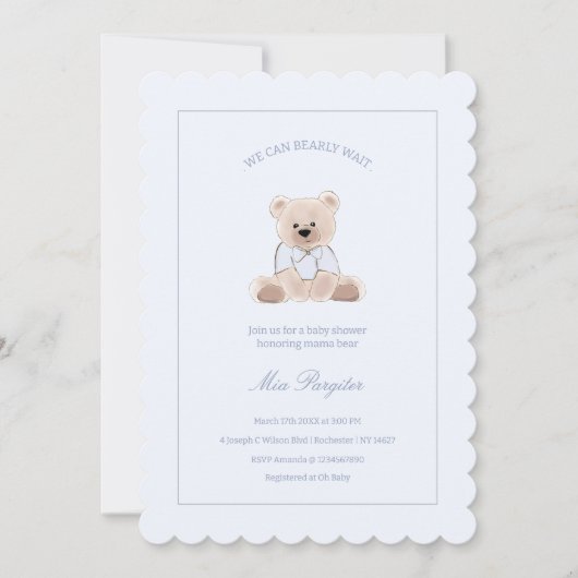We Can Bearly Wait Teddy Bear Blue Baby Shower 招待状 (正面)