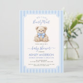 We Can Bearly Wait Teddy Bear Blue Bow Baby Shower 招待状 (スタンド正面)