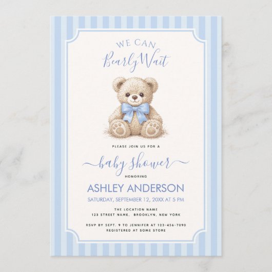 We Can Bearly Wait Teddy Bear Blue Bow Baby Shower 招待状 (正面)