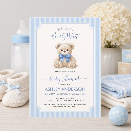 We Can Bearly Wait Teddy Bear Blue Bow Baby Shower 招待状