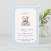 We Can Bearly Wait Teddy Bear Blue Bow Baby Shower 招待状 (スタンド正面)