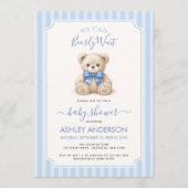 We Can Bearly Wait Teddy Bear Blue Bow Baby Shower 招待状 (正面)