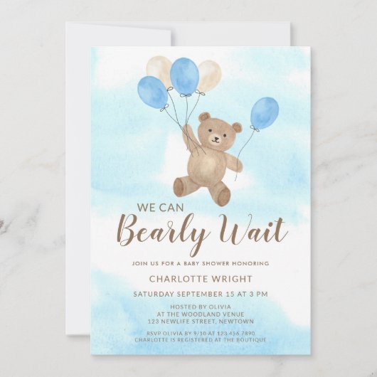 We Can Bearly Wait Teddy Bear Boy Baby Shower 招待状 (正面)