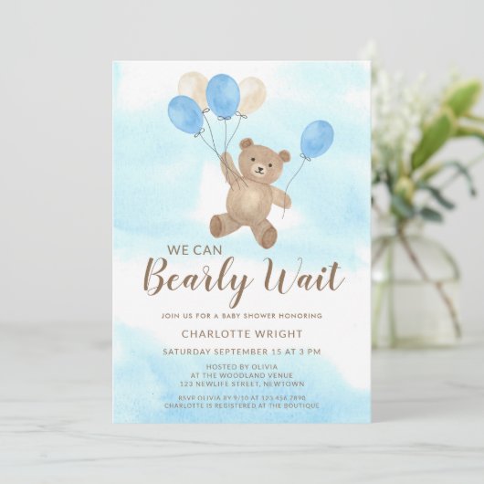 We Can Bearly Wait Teddy Bear Boy Baby Shower 招待状 (スタンド正面)
