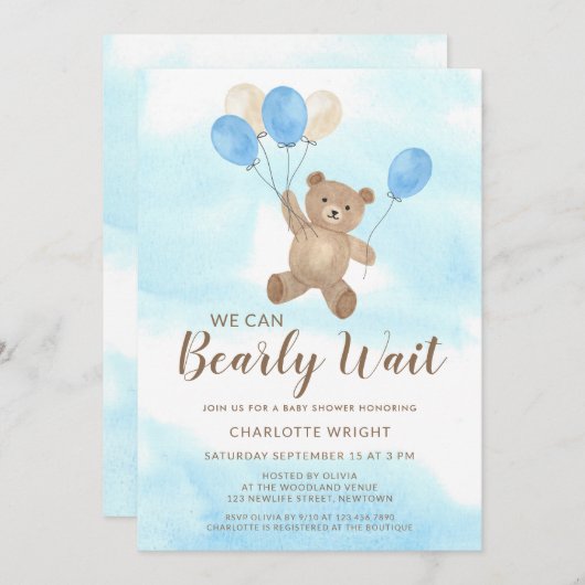 We Can Bearly Wait Teddy Bear Boy Baby Shower 招待状 (正面/裏面)