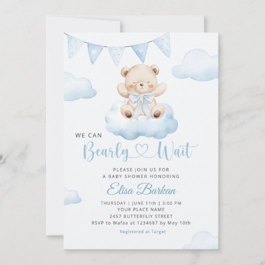 We Can Bearly Wait Teddy Bear Boy Baby Shower 招待状 (正面)