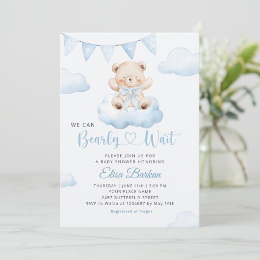 We Can Bearly Wait Teddy Bear Boy Baby Shower 招待状 (スタンド正面)