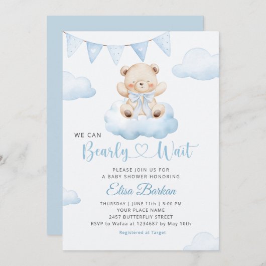 We Can Bearly Wait Teddy Bear Boy Baby Shower 招待状 (正面/裏面)