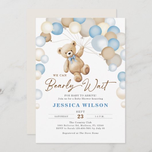 We Can Bearly Wait Teddy Bear Boy Baby Shower 招待状 (正面/裏面)