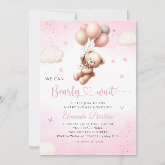 We Can Bearly Wait Teddy Bear Girl Baby Shower 招待状 (正面)
