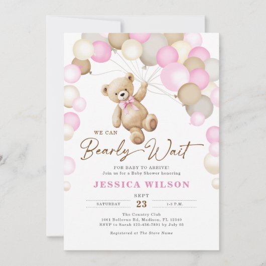 We Can Bearly Wait Teddy Bear Girl Baby Shower 招待状 (正面)