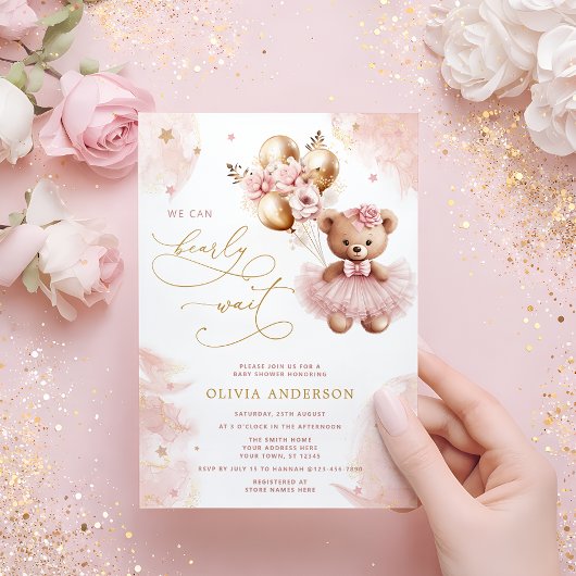 We Can Bearly Wait Teddy Bear Girl Baby Shower Inv 招待状