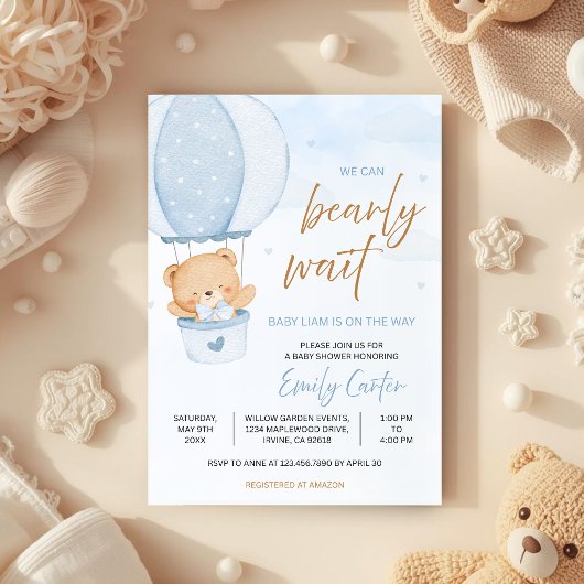 We Can Bearly Wait Teddy Bear Hot Air Balloon Baby 招待状