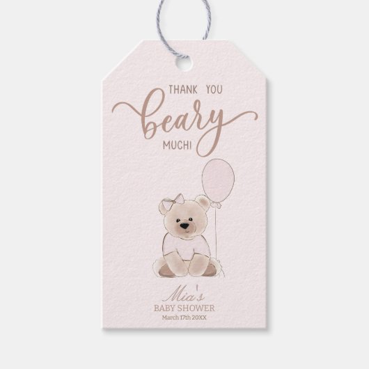 We Can Bearly Wait Teddy Bear Pink Baby Shower ギフトタグ (正面)