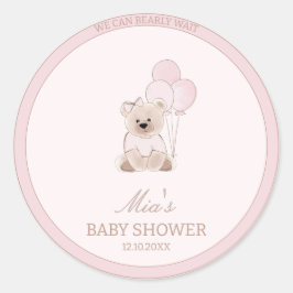We Can Bearly Wait Teddy Bear Pink Baby Shower ラウンドシール