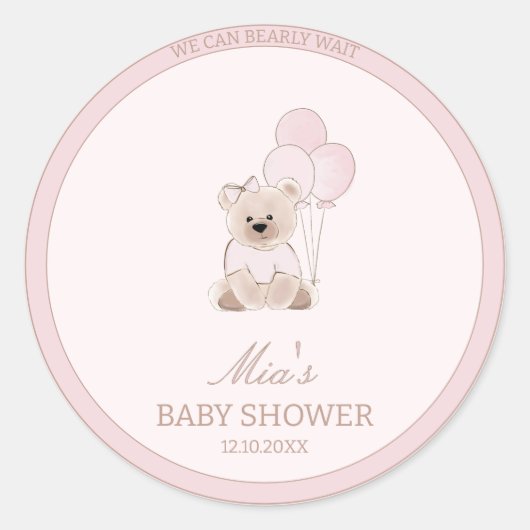 We Can Bearly Wait Teddy Bear Pink Baby Shower ラウンドシール (正面)