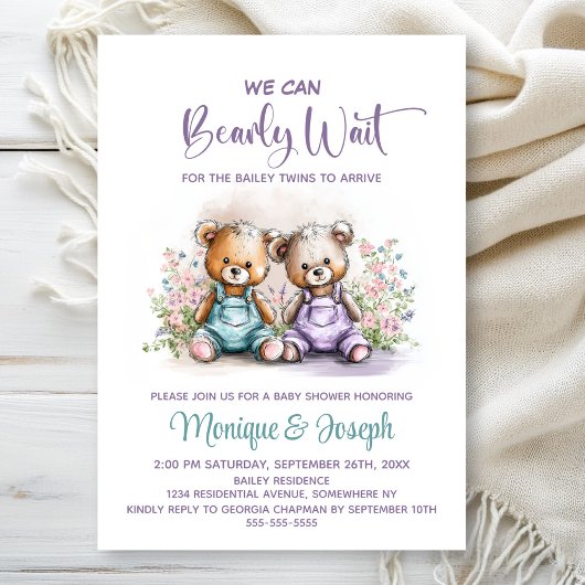 We Can Bearly Wait Teddy Bear Twins Baby Shower 招待状