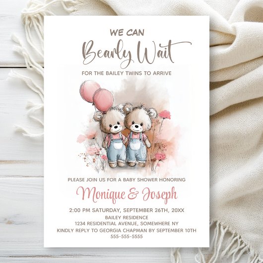 We Can Bearly Wait Teddy Bear Twins Baby Shower 招待状