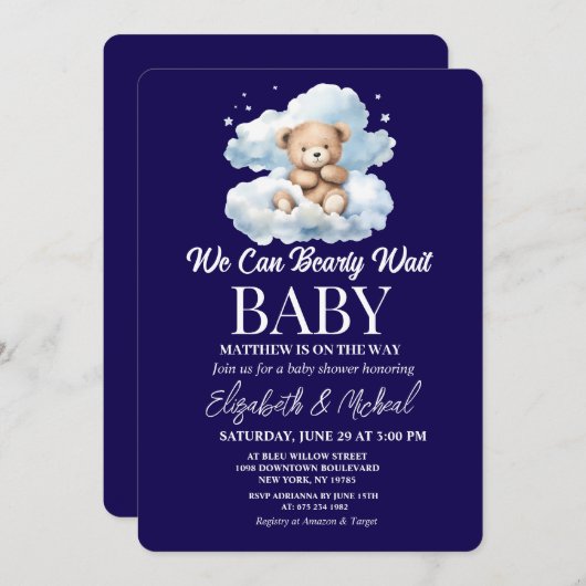 We Can Bearly Wait Theme Baby Shower Invitation 招待状 (正面/裏面)