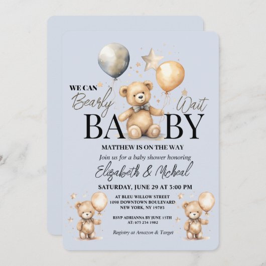We Can Bearly Wait Theme Baby Shower Invitation 招待状 (正面/裏面)