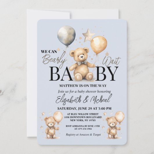 We Can Bearly Wait Theme Baby Shower Invitation 招待状 (正面)