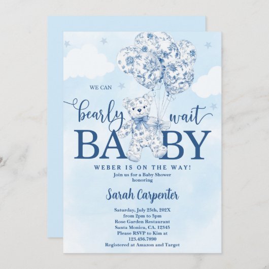 We can bearly wait Toile Baby Shower Boy 招待状 (正面/裏面)