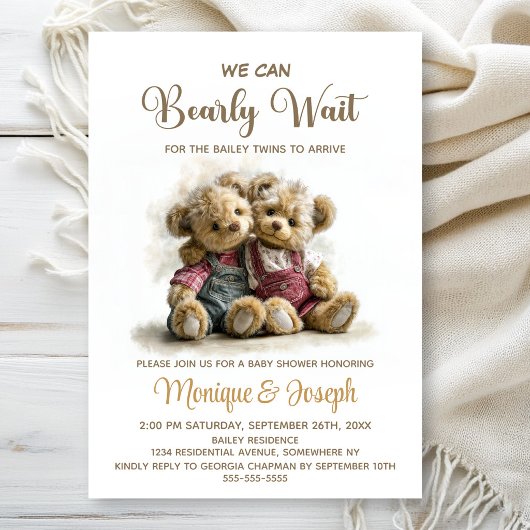 We Can Bearly Wait Twin Teddy Bears Baby Shower 招待状