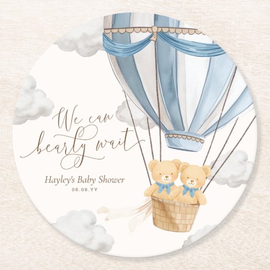 We Can Bearly Wait Twins Baby Shower ラウンドペーパーコースター (正面)