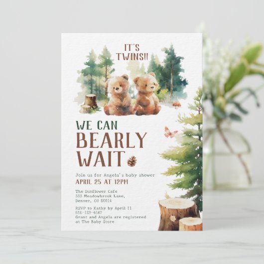 We Can Bearly Wait Twins Baby Shower Invitation 招待状 (スタンド正面)