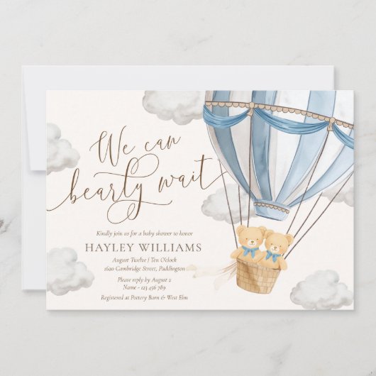 We Can Bearly Wait Twins Baby Shower Invitation 招待状 (正面)