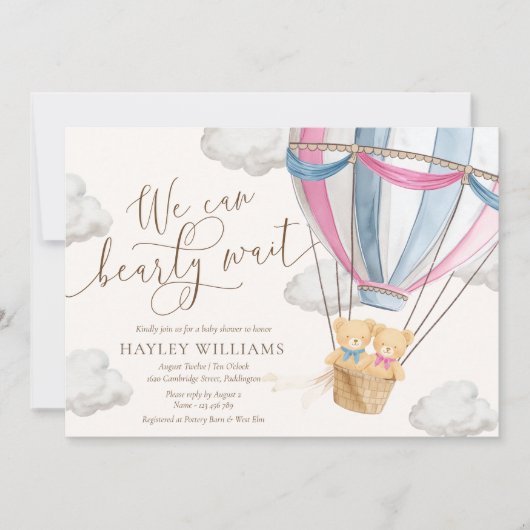 We Can Bearly Wait Twins Baby Shower Invitation 招待状 (正面)