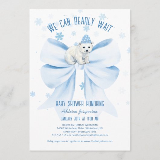 We Can Bearly Wait Winter Polar Bear Baby Shower 招待状 (正面)