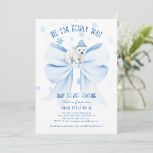 We Can Bearly Wait Winter Polar Bear Baby Shower 招待状 (スタンド正面)
