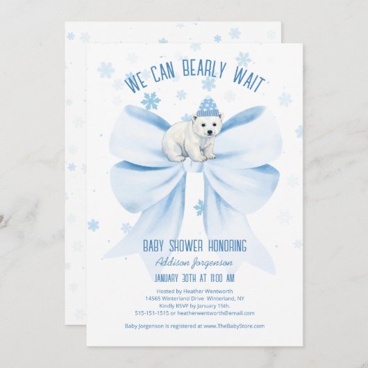 We Can Bearly Wait Winter Polar Bear Baby Shower 招待状 (正面/裏面)