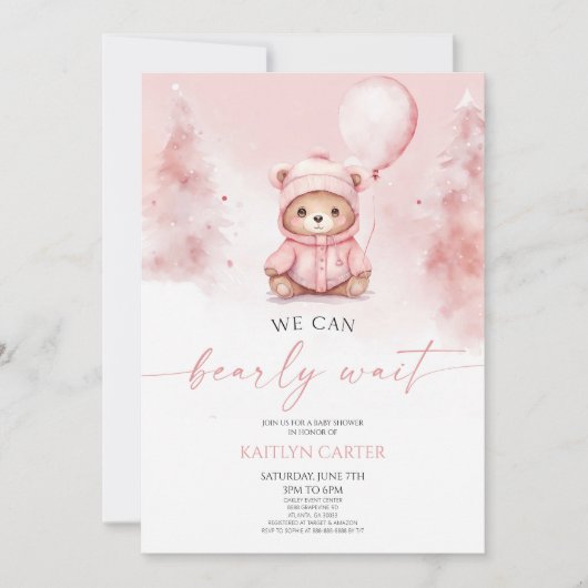 We Can Bearly Wait Winter Teddy Bear Baby Shower 招待状 (正面)