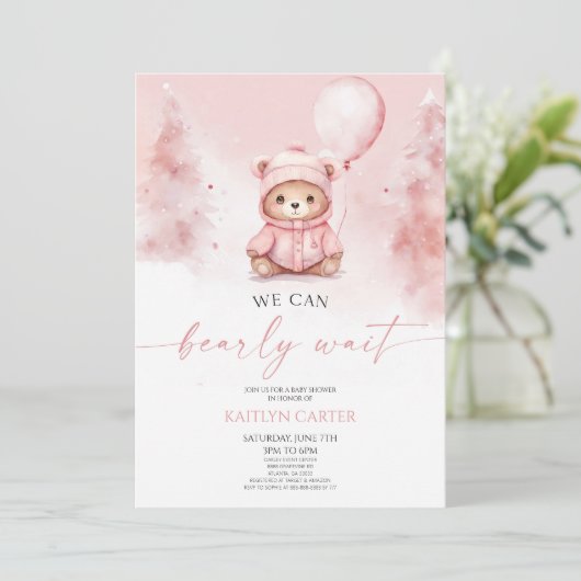 We Can Bearly Wait Winter Teddy Bear Baby Shower 招待状 (スタンド正面)