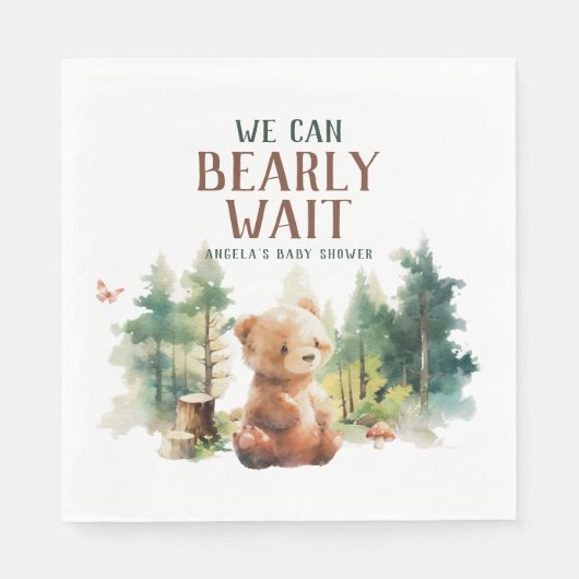 We Can Bearly Wait Woodland Baby Shower Napkins スタンダードランチョンナプキン (正面)