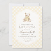 We Can Bearly Wait Yellow Gingham Teddy Bear Baby 招待状 (正面)