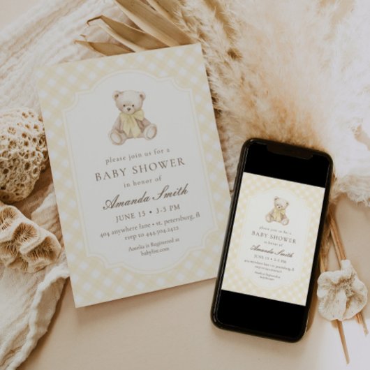 We Can Bearly Wait Yellow Gingham Teddy Bear Baby 招待状