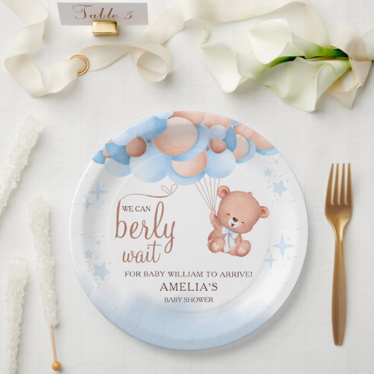 We Can Berly Wait Teddy Bear Balloon Baby Shower ペーパープレート (ウェディング)