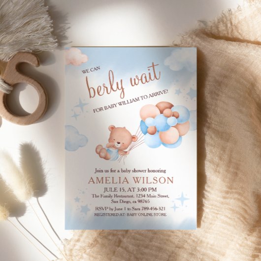 We Can Berly Wait Teddy Bear Balloons Pastel Baby  招待状