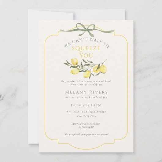 We can't wait to Squeeze You Neutral Baby Shower 招待状 (正面)