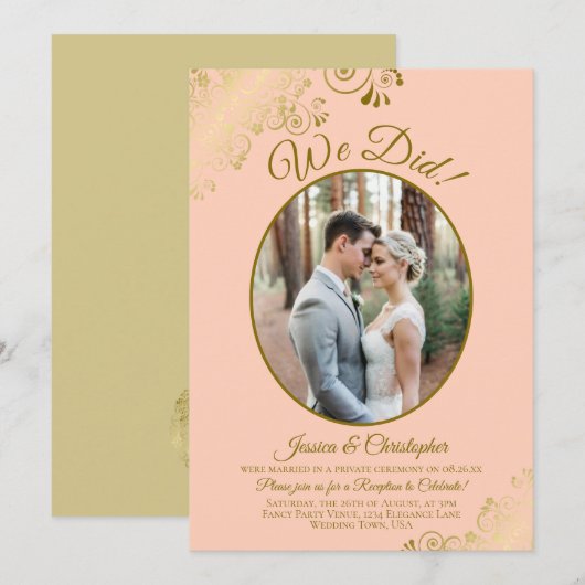 We Did! コーラルピーチとゴールドレースの結婚披露宴 招待状 (正面/裏面)