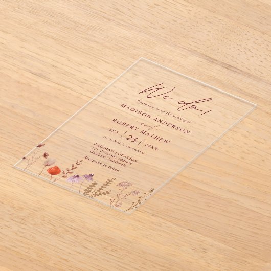 We Do! Boho Botanical Rustic Wildflower Wedding アクリル招待状 (レイダウン)