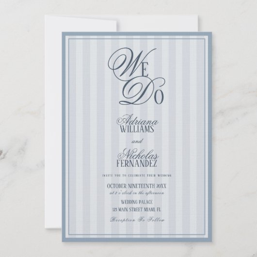 We Do Elegant Dusty Blue Striped Wedding 招待状 (正面)