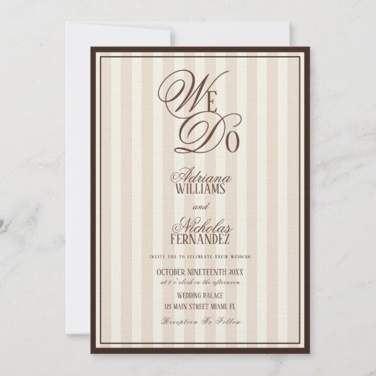 We Do Elegant Striped Espresso Wedding 招待状 (正面)