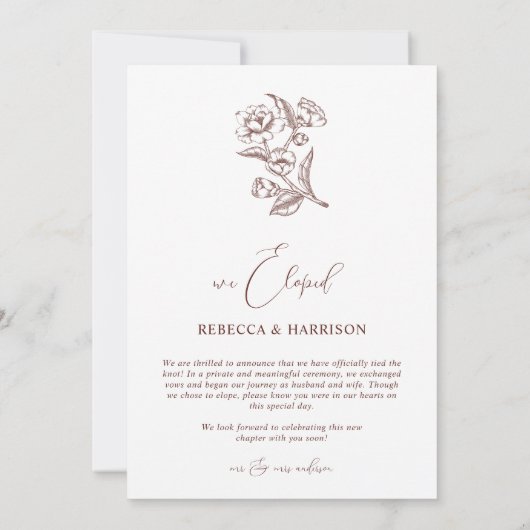 We Eloped Brown Floral Boho | Photo Wedding  案内状 (裏面)